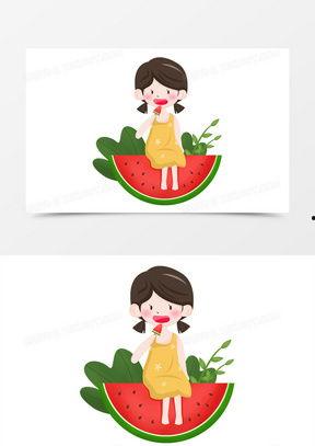 女孩吃瓜的手绘,描绘女孩悠闲吃瓜的温馨瞬间